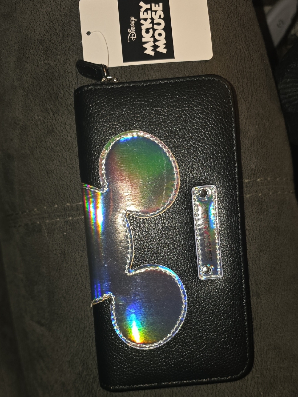 Disney Mickey Mouse Black Zip Wallet w/ Holographic Accent & Wristlet Strap